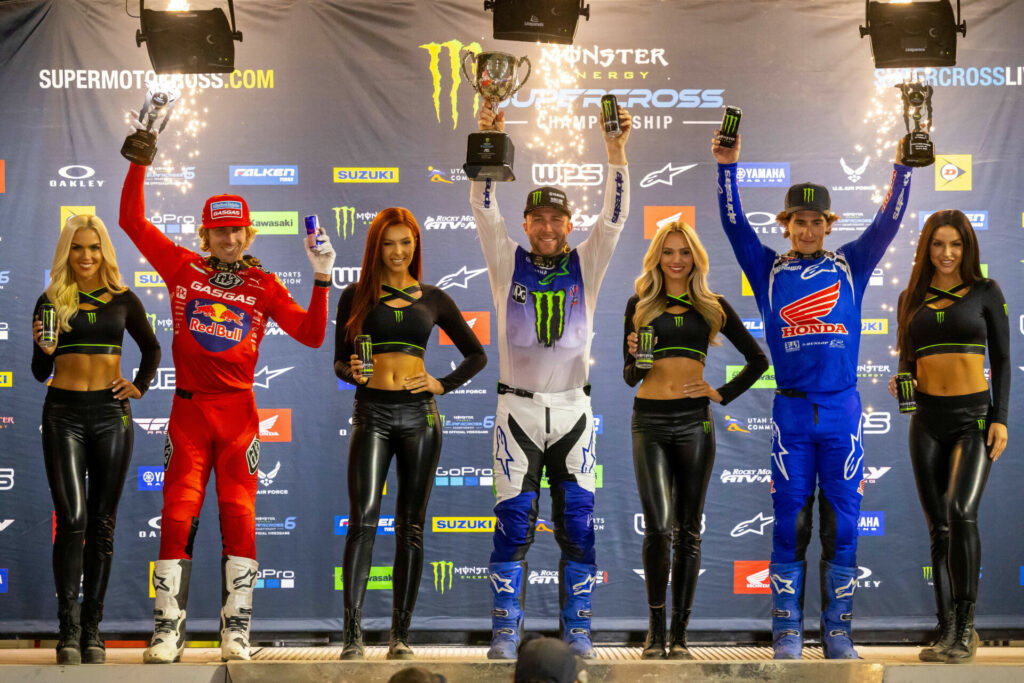 450SX Class podium (racers from left) Justin Barcia, Eli Tomac, and Chase Sexton. Photo courtesy Feld Motor Sports, Inc.