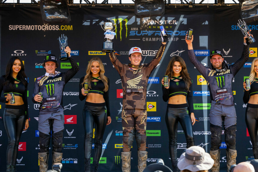 250SX Class podium (racers from left) Haiden Deegan, Hunter Lawrence, and Jordon Smith. Photo courtesy Feld Motor Sports, Inc.