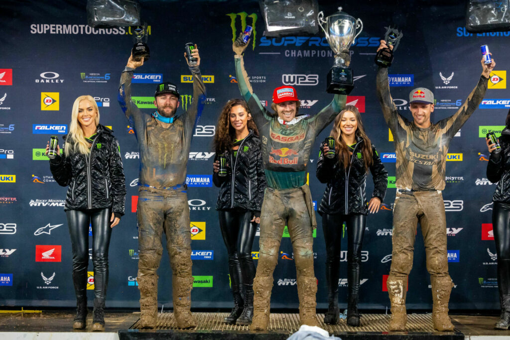 450SX Class podium (racers from left) Eli Tomac, Justin Barcia, and Ken Roczen. Photo courtesy Feld Motor Sports, Inc.