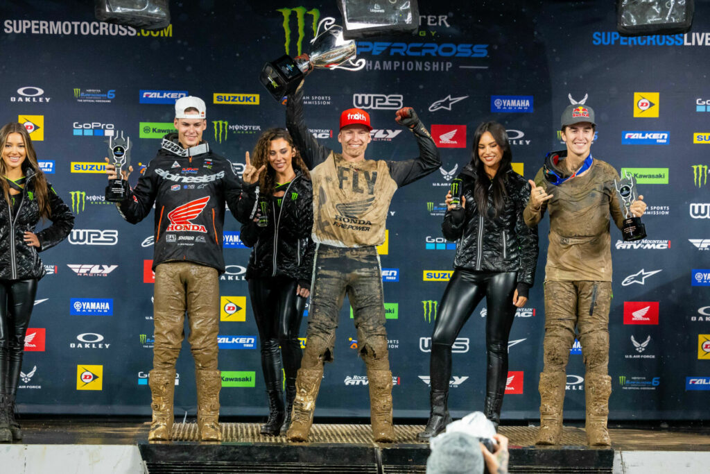 250SX Class podium (racers from left) Jett Lawrence, Max Anstie, and Hunter Lawrence. Photo courtesy Feld Motor Sports, Inc.
