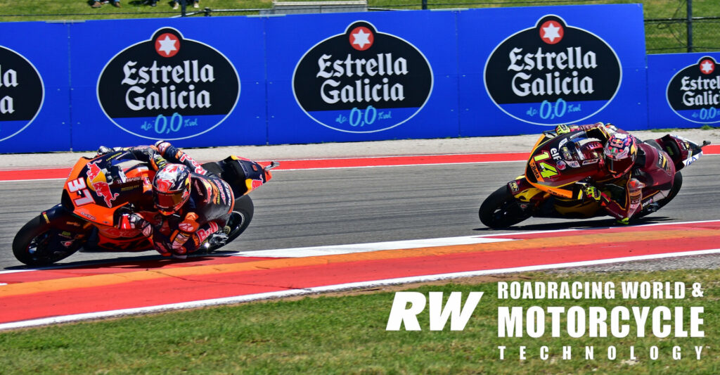 Pedro Acosta leads Tony Arbolino in the Moto2 World Championship race at Circuit of The Americas.