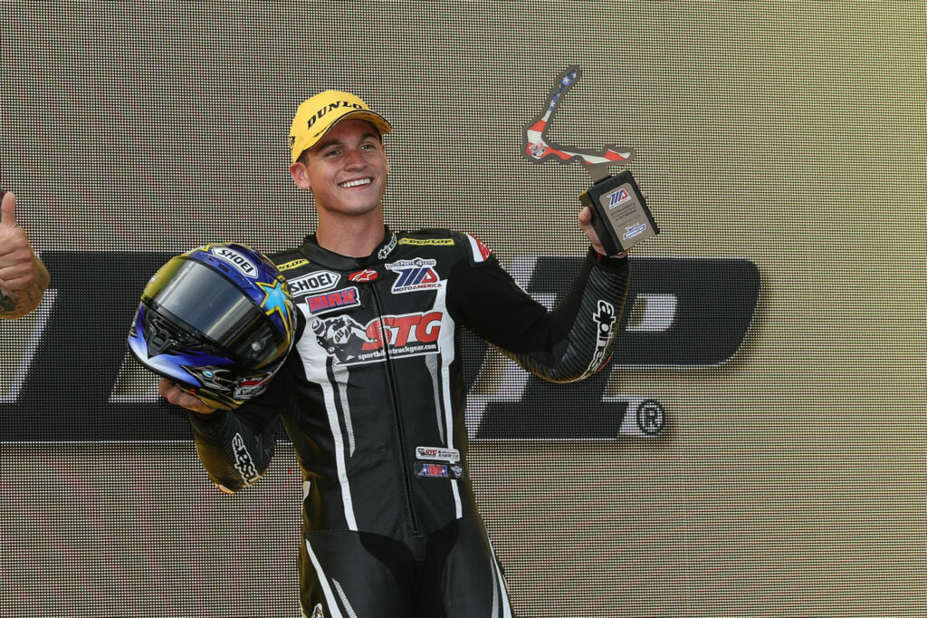 Max Van on the MotoAmerica Junior Cup podium in 2022. Photo by Brian J. Nelson.