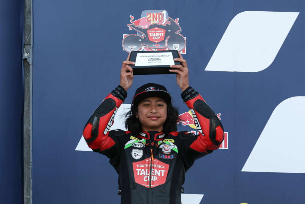 Alexander Enriquez on the North America Talent Cup podium at COTA in 2022. Photo by Brian J. Nelson.