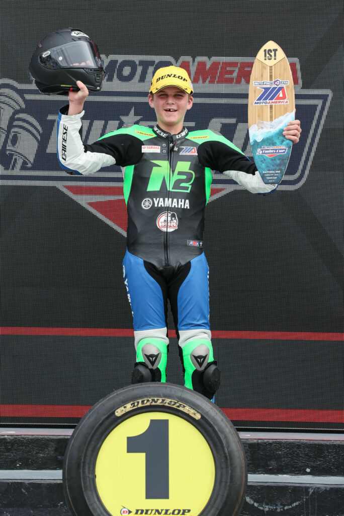 Blake Davis on top of the MotoAmerica Twins Cup podium at Daytona in 2022. Photo by Brian J. Nelson.
