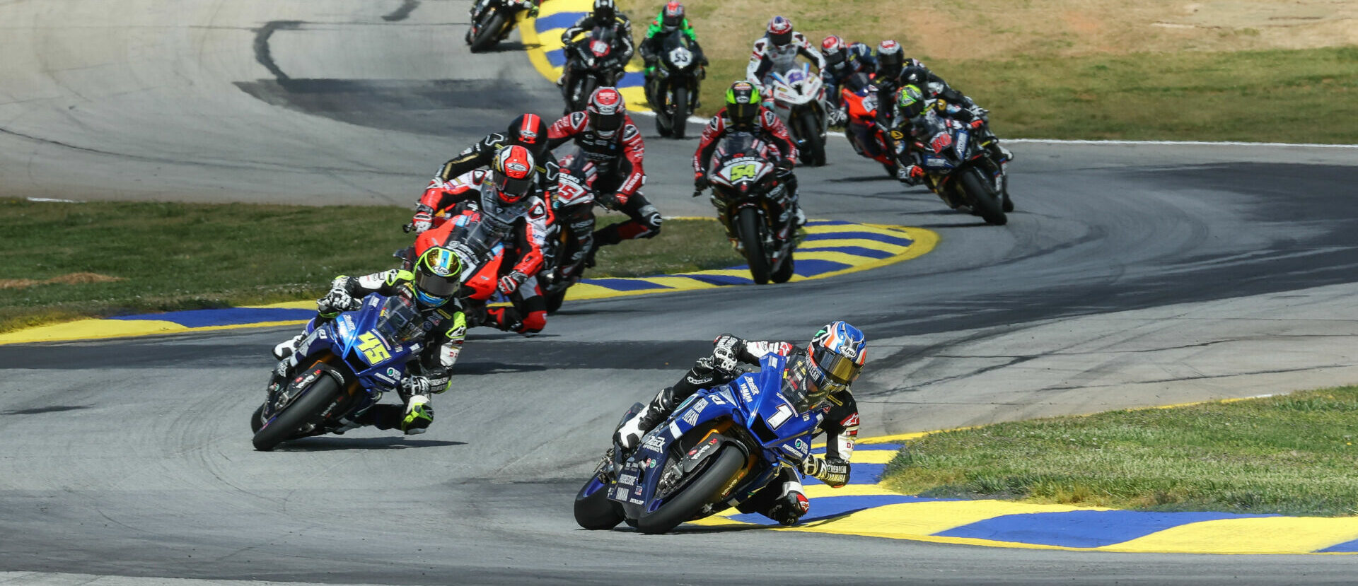 Jake Gagne (1) leads his teammate Cameron Petersen (45), Danilo Petrucci (behind Petersen) and the rest of the MotoAmerica Medallia Superbike class at Road Atlanta on Sunday. Photo by Brian J. Nelson.