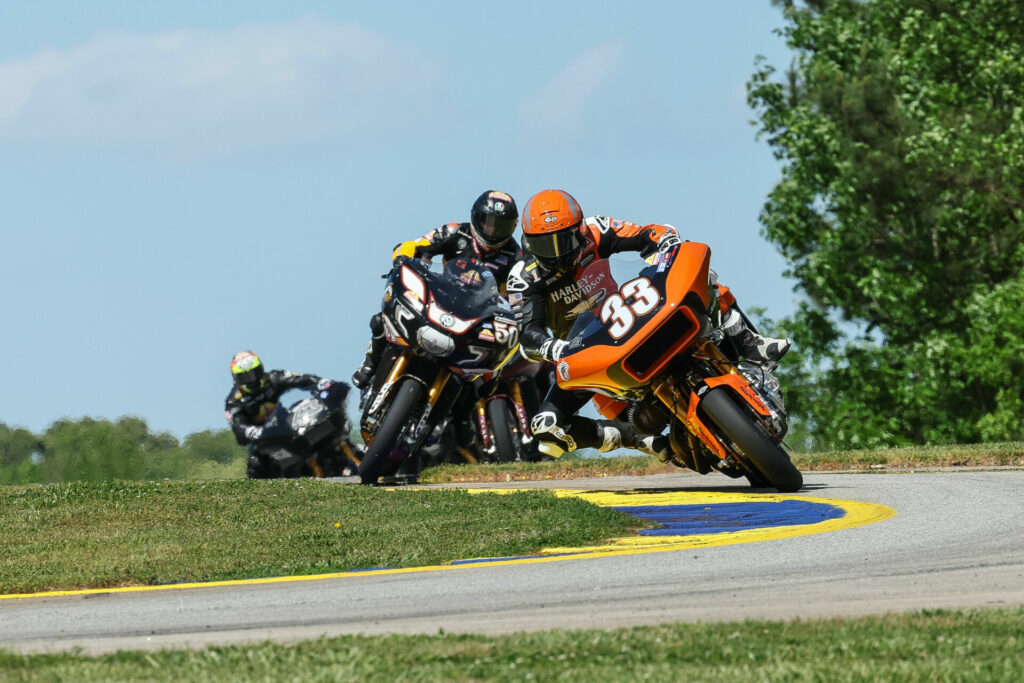 Kyle Wyman (33) leads Bobby Fong (50) and the rest of the King Of The Baggers field at Road Atlanta. Photo by Brian J. Nelson, courtesy Harley-Davidson.