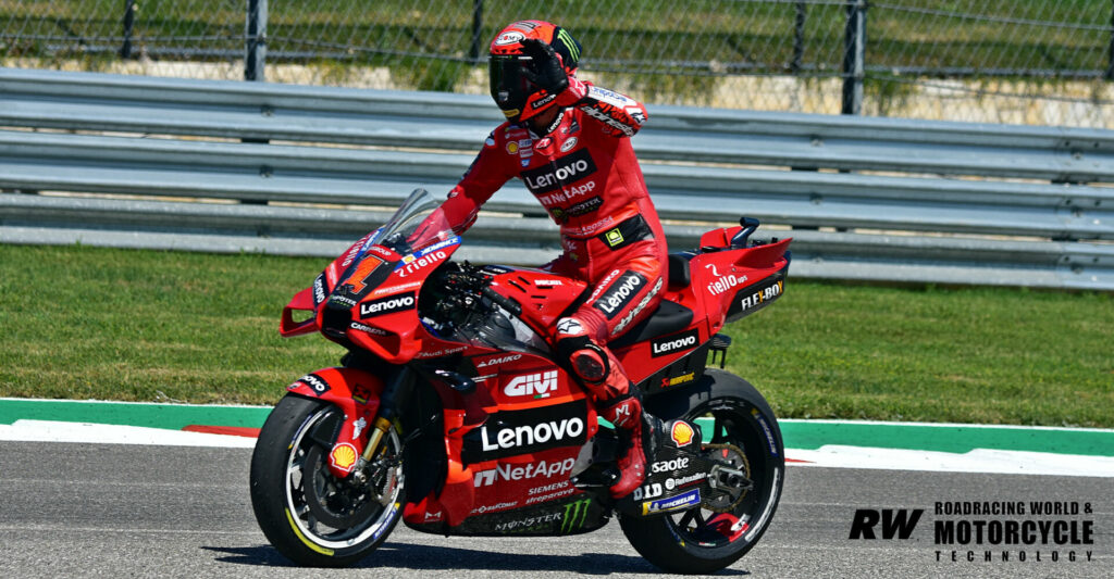 By winning the Sprint race on Saturday at COTA, Francesco Bagnaia (1) moved to within one point of MotoGP Championship leader Marco Bezzecchi, who finished sixth in Saturday's sprint race. Photo by Michael Gougis.