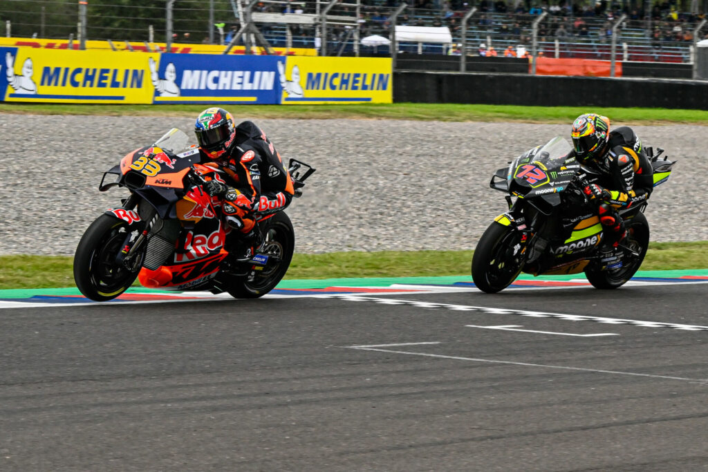 Brad Binder (33) leads Marco Bezzecchi (72) across the finish line at the end of Saturday's MotoGP Sprint race. Photo courtesy Dorna.