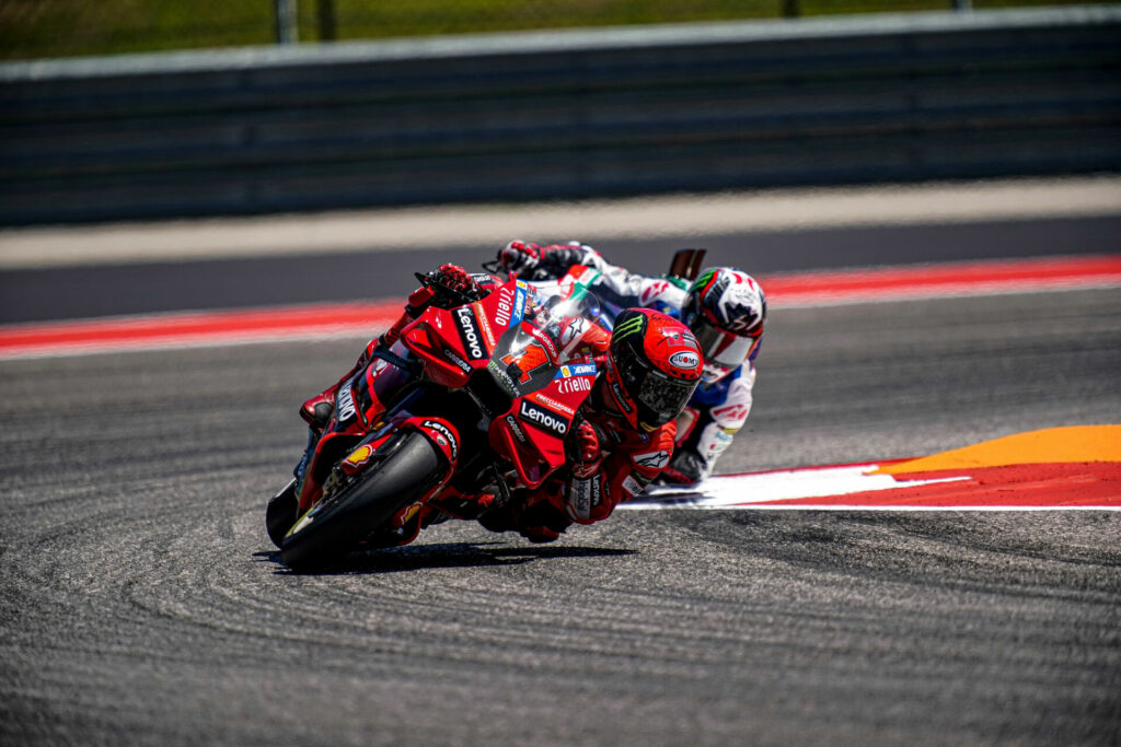 Francesco Bagnaia (1) leading Alex Rins early in the race. Photo courtesy Ducati.