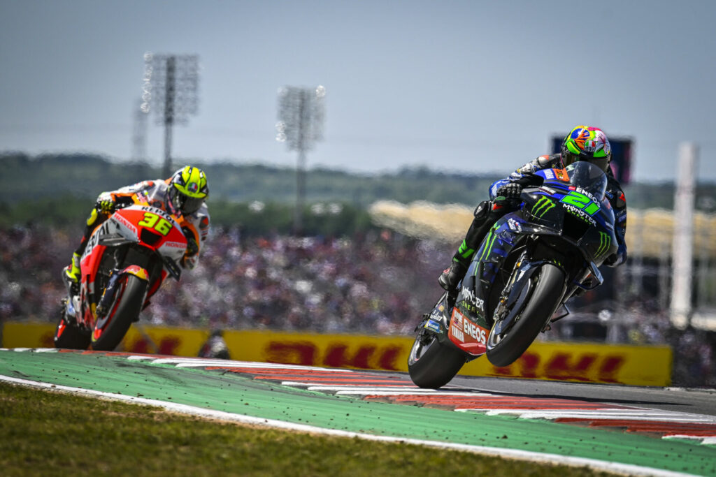 Franco Morbidelli (21) leads Joan Mir (36). Photo courtesy Monster Energy Yamaha.