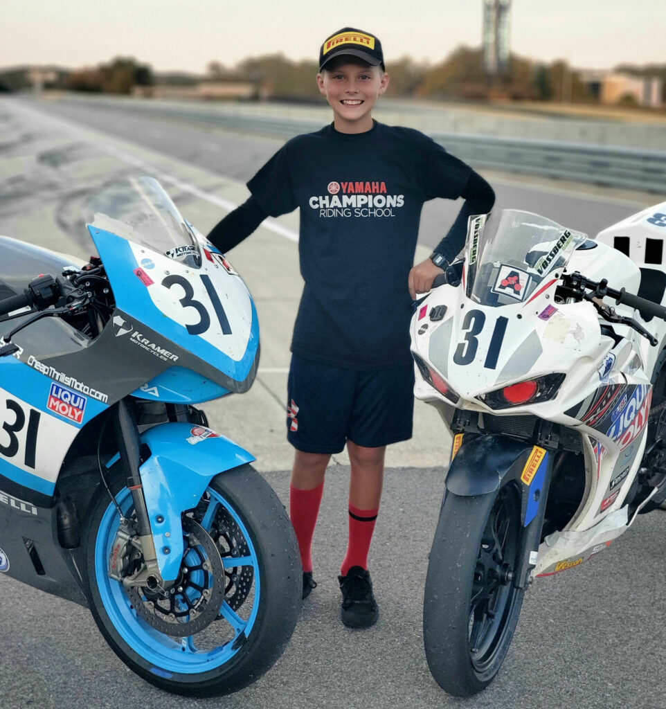 Hank Vossberg and two of his racebikes. Photo by William Vossberg.