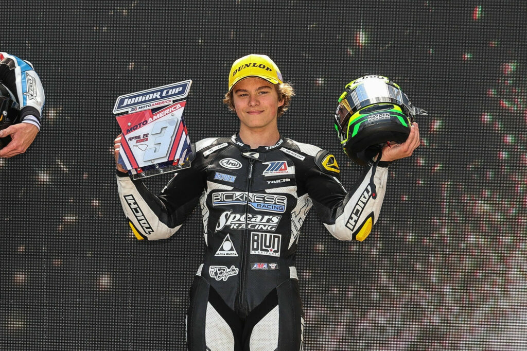 Hayden Bicknese on the MotoAmerica Junior Cup podium at Road Atlanta. Photo by Brian J. Nelson, courtesy Hayden Bicknese Racing.