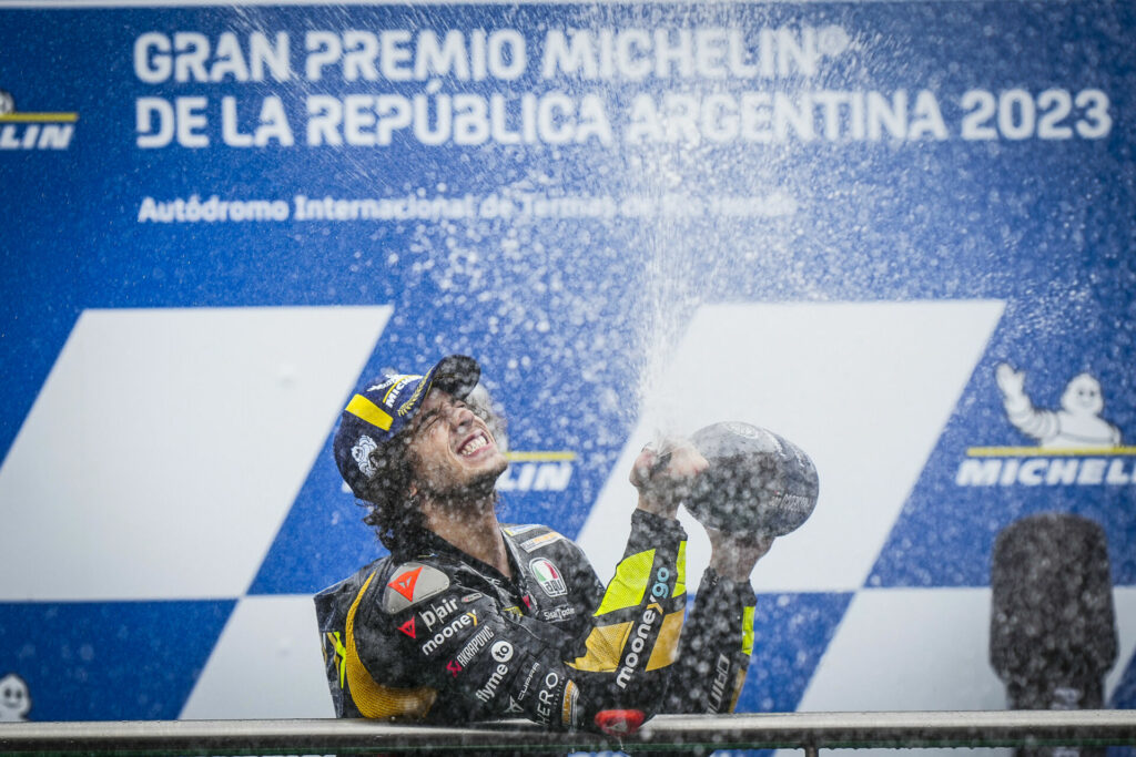 Marco Bezzecchi celebrates winning in Argentina. Photo courtesy Dorna.