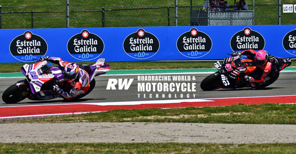 Jorge Martin (89) held off Aleix Espargaro (41) for the final podium position. Photo by Michael Gougis.