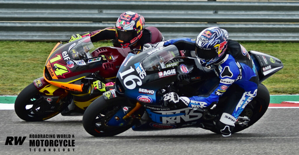 American Joe Roberts (16) was fourth, just pushed out of the top three in the final seconds of the second Moto2 practice by Tony Arbolino (14). Photo by Michael Gougis.