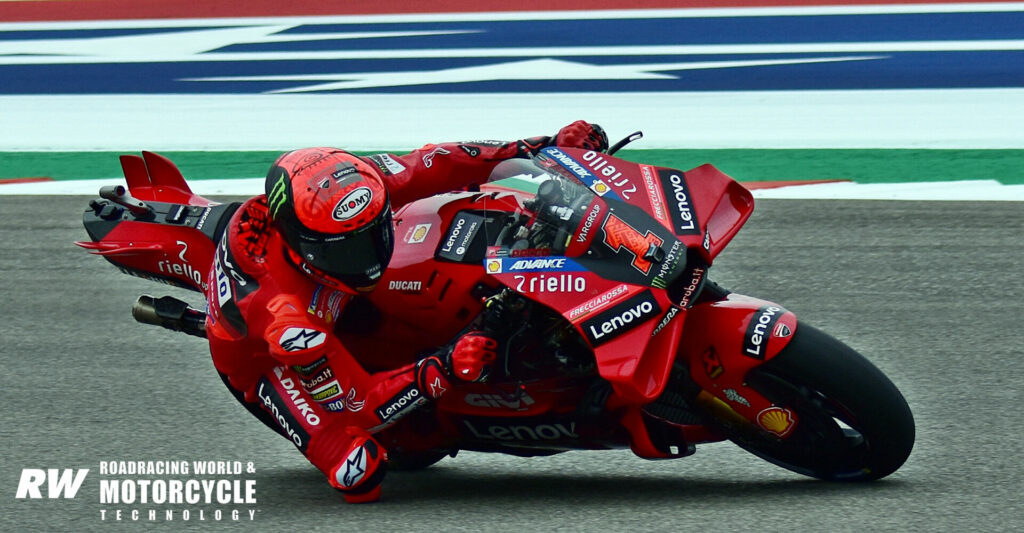 MotoGP World Champion Francesco Bagnaia (1) was second-quickest but was unhappy about the state of the track surface. His media appearance first took place in Italian, and the words “Safety Committee” in clear English were heard repeatedly. Bagnaia and several other riders say the surface is badly deteriorated in several turns. Photo by Michael Gougis.