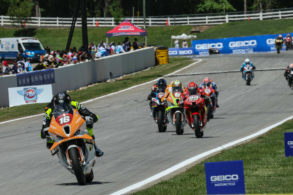 Ezra Beaubier (16) won both MotoAmerica Stock 1000 races on his new Orange Cat Racing BMW. Photo by Brian J. Nelson, courtesy BMW Motorrad North America.