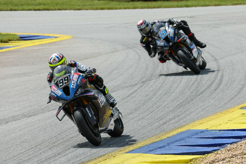 PJ Jacobsen (99) and Corey Alexander (23) at speed on their Tytlers Cycle Racing BMW Superbikes at Road Atlanta. Photo by Brian J. Nelson, courtesy BMW Motorrad North America.
