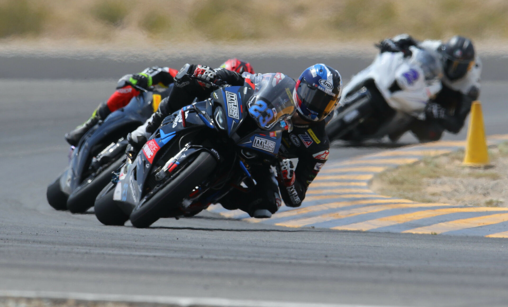 RideHVMC's Corey Alexander (23) leads David Anthony (25) and Anthony Norton (2) in the Stock 1000 Shootout. Photo by Caliphotography.com, courtesy CVMA.