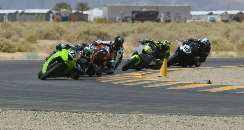 David Kohlstaedt (29X) leads Nicholas Ciling (50), Jeffery Tigert (911), Orel Madar (behind Tigert), Sahar Zvik (161), and Tyler Olmstead (97) in the Supersport Middleweight Shootout. Photo by CaliPhotography.com, courtesy CVMA.
