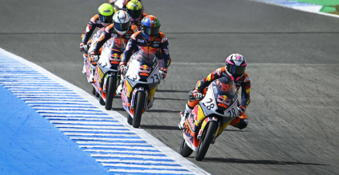 Maximo Quiles (28) leads Rhys Stephenson (23), Daniel Shahril (57), and others Friday at Jerez. Photo courtesy Red Bull.