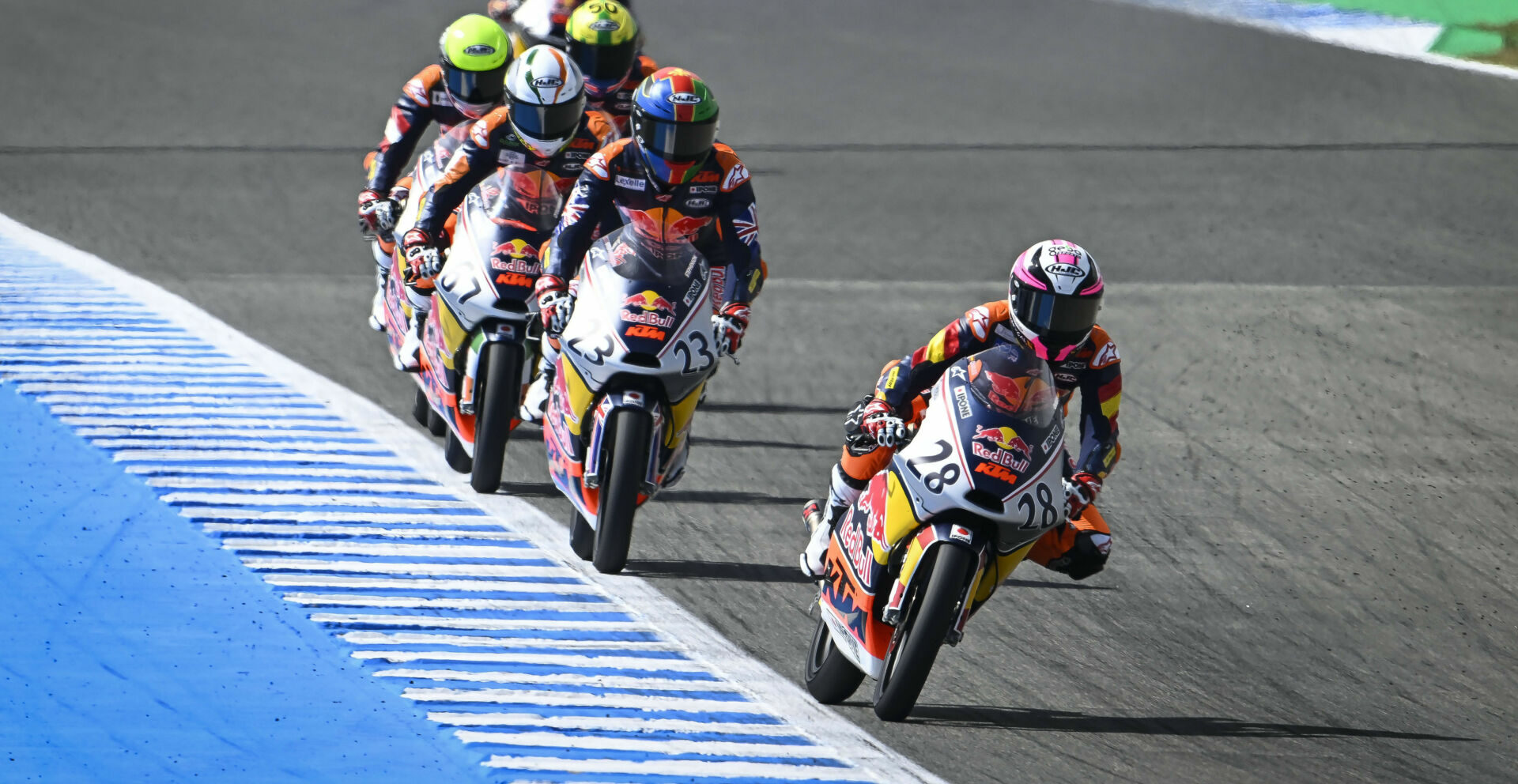 Maximo Quiles (28) leads Rhys Stephenson (23), Daniel Shahril (57), and others Friday at Jerez. Photo courtesy Red Bull.