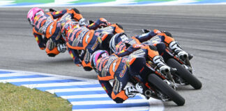 Maximo Quiles (28) leads a group of riders during Red Bull MotoGP Rookies Cup Race Two at Jerez. Photo courtesy Red Bull.