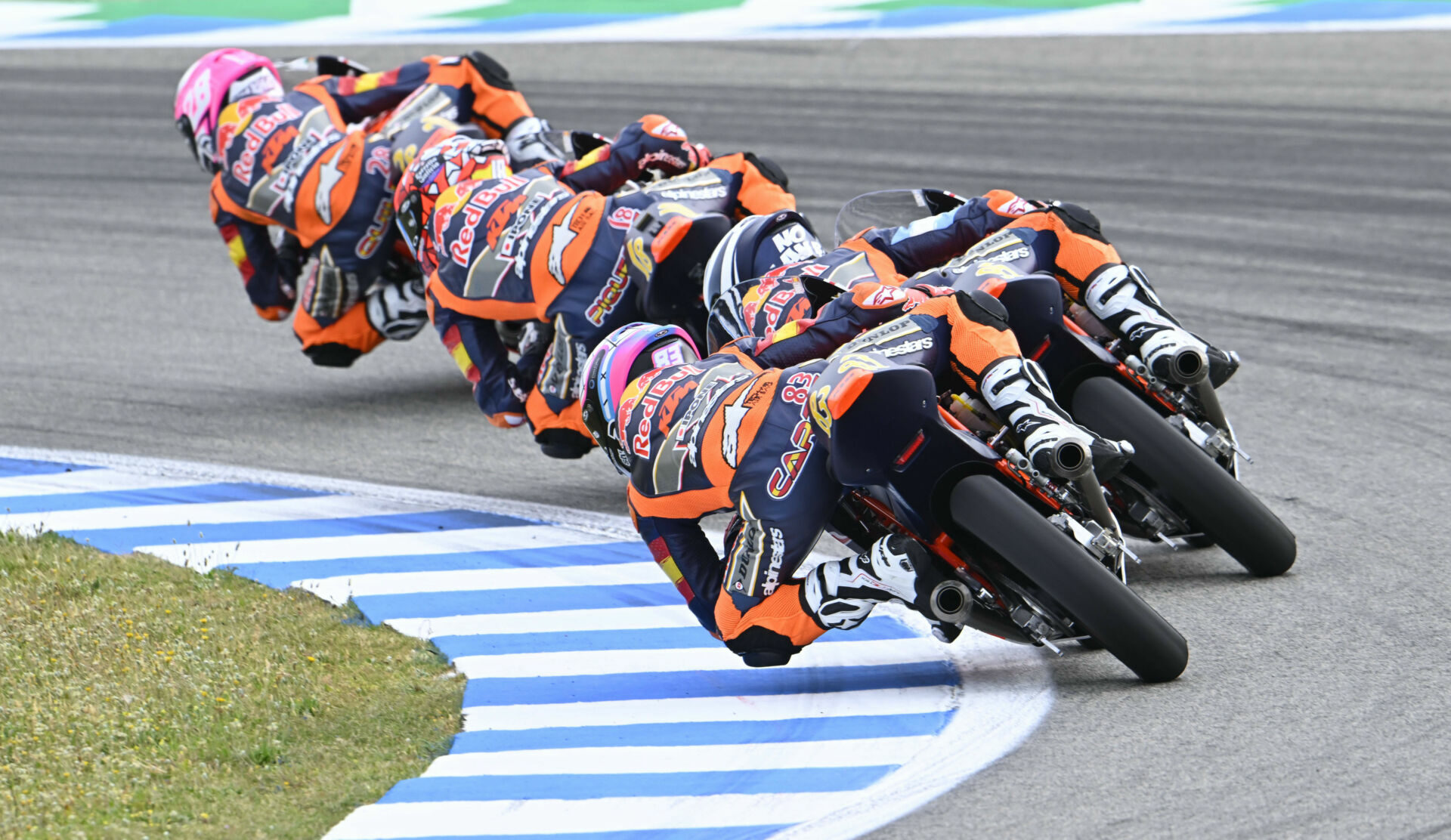 Maximo Quiles (28) leads a group of riders during Red Bull MotoGP Rookies Cup Race Two at Jerez. Photo courtesy Red Bull.