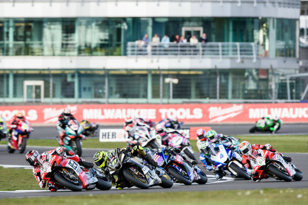 Tommy Bridewell (46) leads Kyle Ryde (77), Jason O'Halloran (22), Glenn Irwin (2) and the rest during Race One at Silverstone. Photo courtesy MSVR.