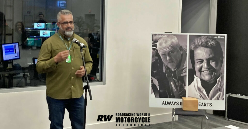 The media center held a moment of silence to mark the death of Andrew Wheeler, the well-known motorsports photographer who was found dead at his Austin home in January, as well as for Luis Gomez, an organizer and commissioner involved in motorsports in Argentina, who died earlier in April. Motorcycle industry figure and friend Robert Pandya spoke in memory of Wheeler. Photo by Michael Gougis.