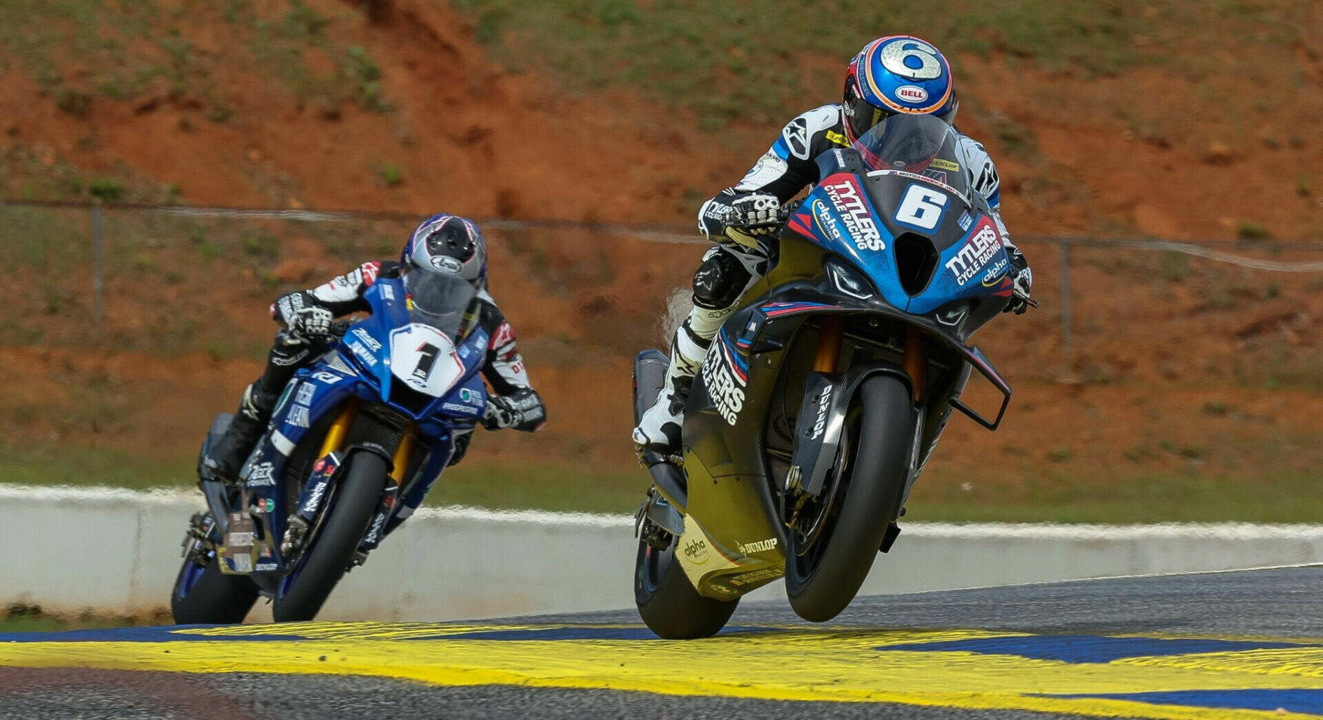 Cameron Beaubier (6) and Jake Gagne (1), as seen during a MotoAmerica Superbike race at Road Atlanta. Photo courtesy Tytlers Cycle Racing.