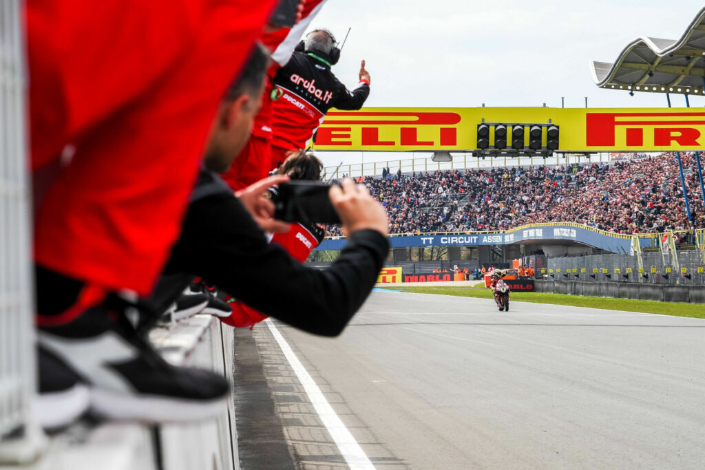 Alvaro Bautista (1) overcame a three-grid-position penalty to win Race One. Photo courtesy Dorna.