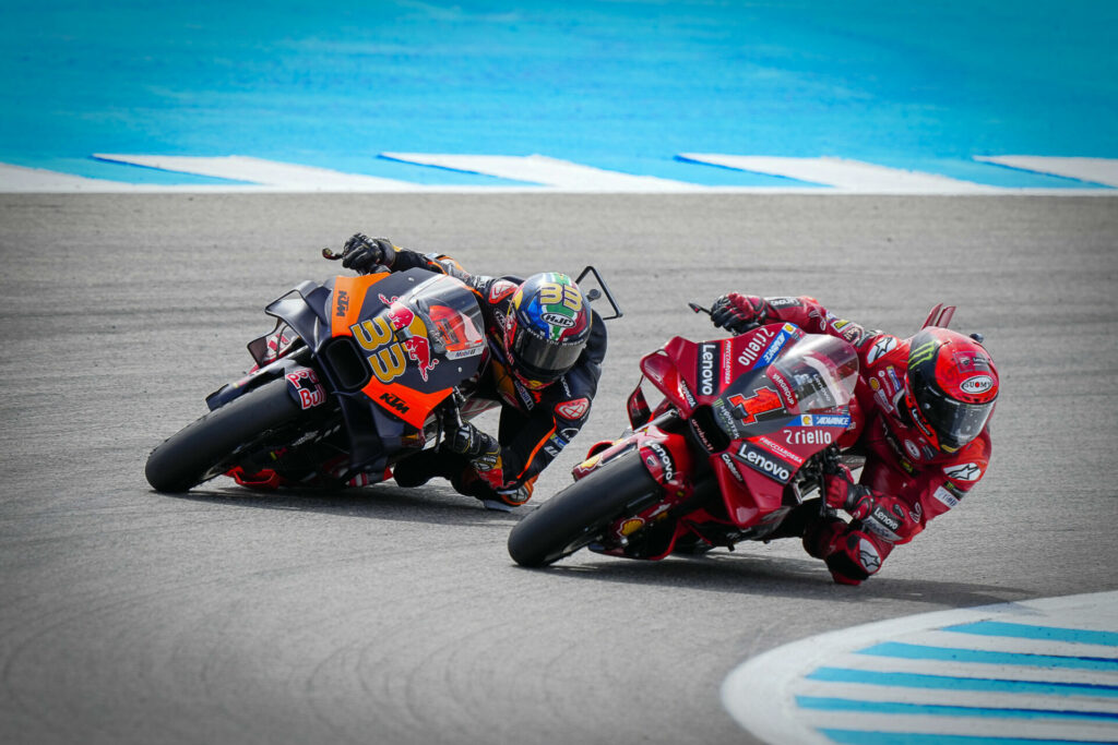 Francesco Bagnaia (1) held off Brad Binder (33) to win Sunday at Jerez. Photo courtesy Dorna.