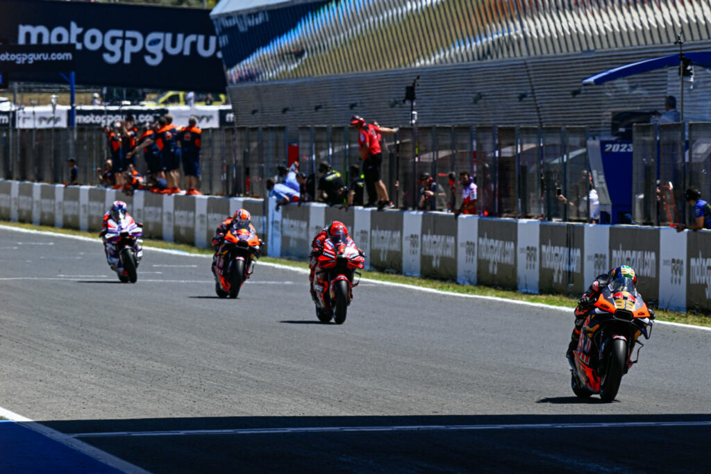 Brad Binder (33) narrowly beat Francesco Bagnaia (1), Jack Miller (43), and Jorge Martin to the finish line in Saturday's Sprint race. Photo courtesy Dorna.