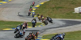 Jake Gagne (1) leads Mathew Scholtz (11), Cameron Beaubier (6), Cameron Petersen (45) and the rest of the Medallia Superbike pack on Saturday at Michelin Raceway Road Atlanta. Photo by Brian J. Nelson.