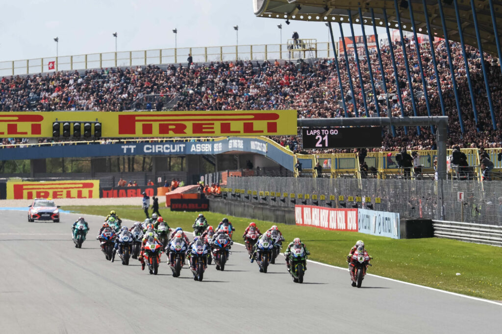 The start of World Superbike Race Two at Assen. Photo courtesy Dorna.