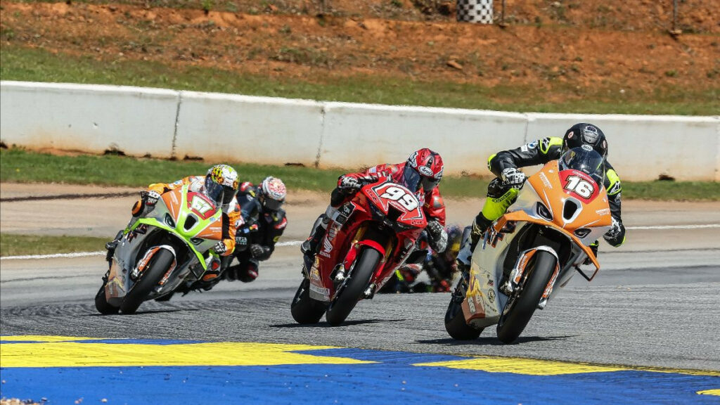 Ezra Beaubier (16) leads Geoff May (99) and Kaleb De Keyrel (51) en route to his second straight Stock 1000 victory at Road Atlanta. Photo by Brian J. Nelson.