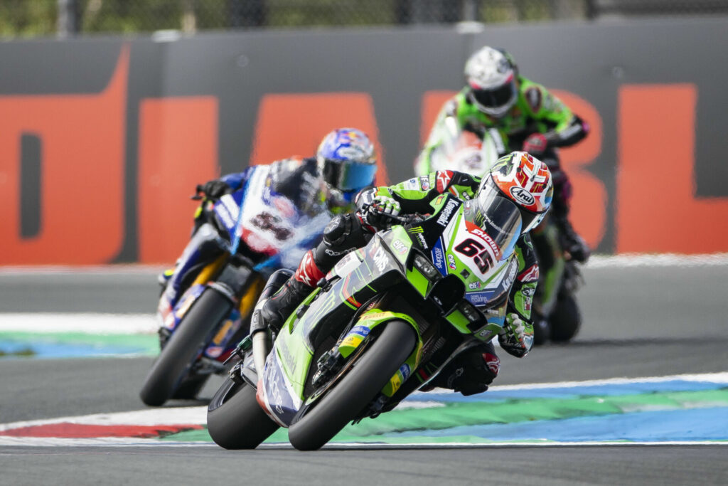 Jonathan Rea (65) leads Toprak Razgatlioglu (54) and Alex Lowes (22) at Assen. Photo courtesy Kawasaki.