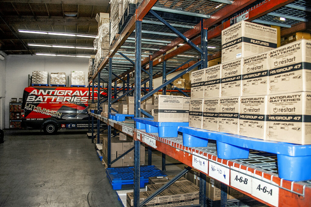 Carrying a large inventory of batteries allowed Antigravity to grow despite the pandemic. Soon after this photo was taken, three more containers of product arrived from the company’s  manufacturing partner. Photo by David Swarts.