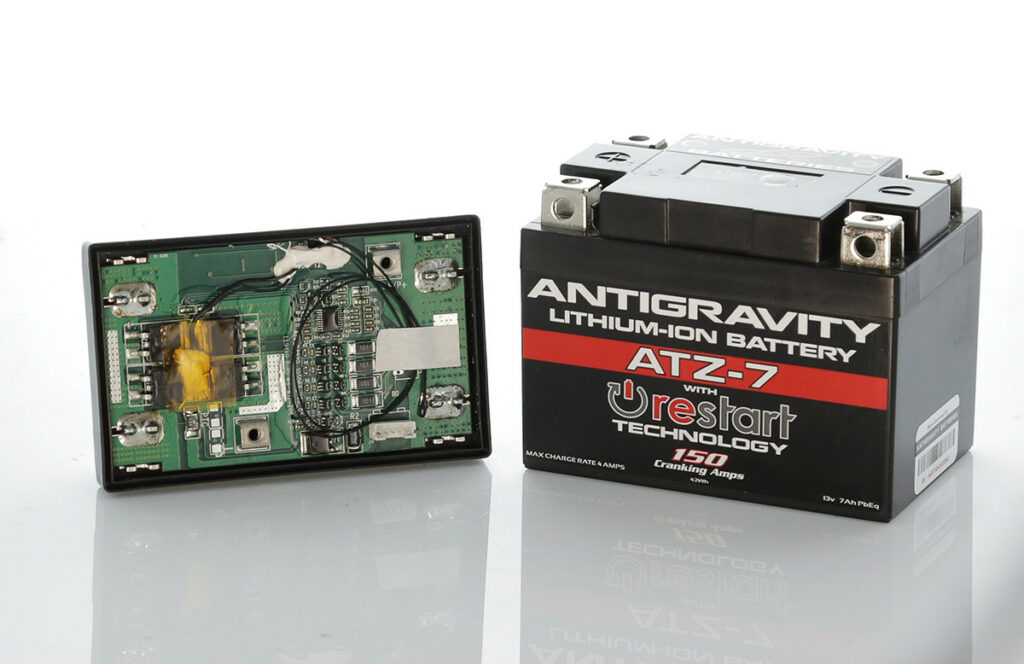 The computerized internal Battery Management System (left) in Antigravity Batteries’ Re-Start models prevents complete discharge and holds enough battery power in reserve to start a vehicle several times. Photo courtesy Antigravity Batteries.