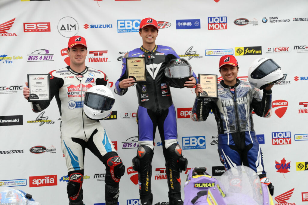 The first Superbike podium of the Bridgestone era featured winner Alex Dumas (Center) for Suzuki, runner-up Ben Young (left) for BMW, and third-place finisher Tomas Casas (right) for Yamaha. Photo by Rob O'Brien, courtesy CSBK.
