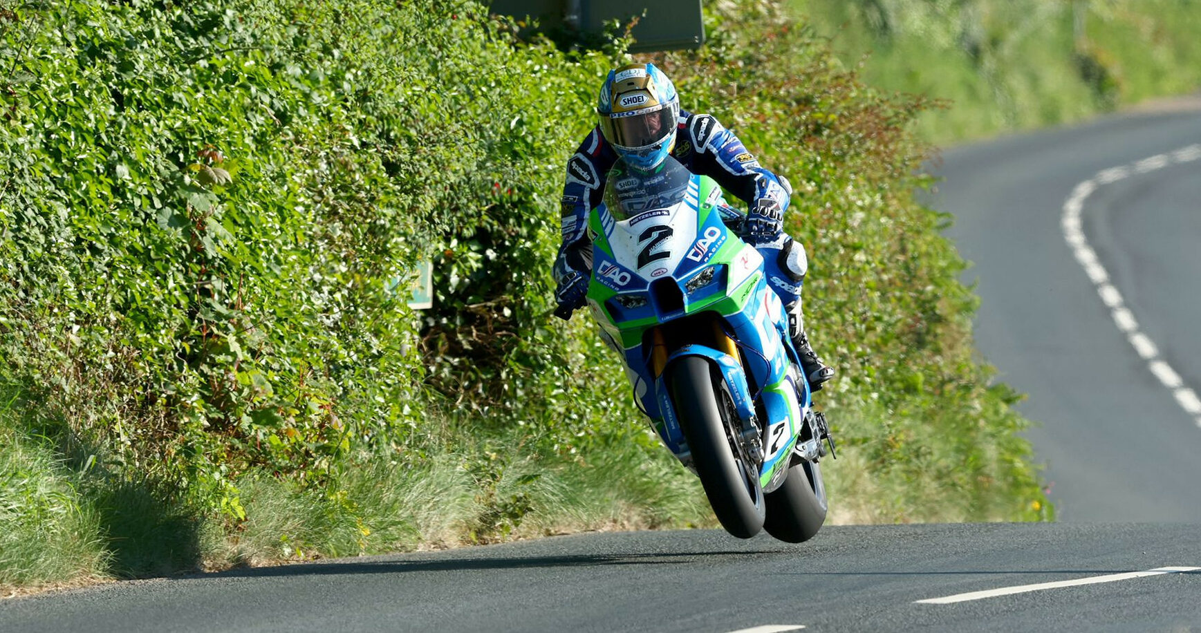 Dean Harrison (2) catches air Wednesday evening at the Isle of Man TT. Photo courtesy Isle of Man TT Press Office.