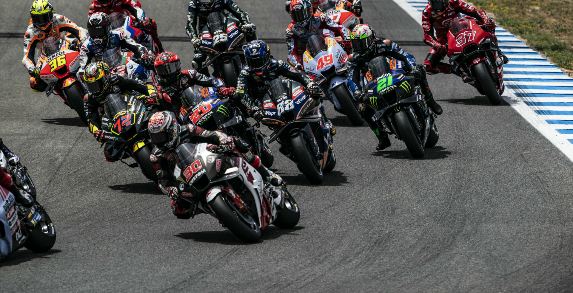 Fabio Quartararo (20) crashed into Miguel Oliveira (88) on the first lap of the red-flagged MotoGP race Sunday at Jerez. Photo courtesy RNF MotoGP Team.