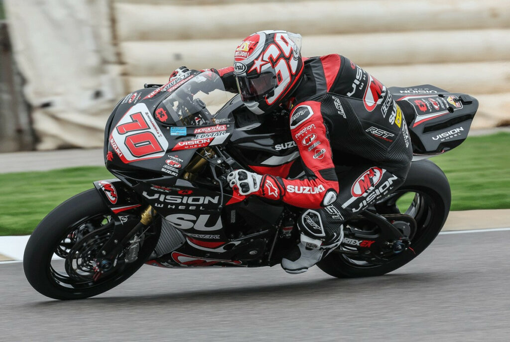 Tyler Scott (70) captures another pole position aboard his GSX-R750 and looks forward to Race 2. Photo courtesy Suzuki Motor USA, LLC.