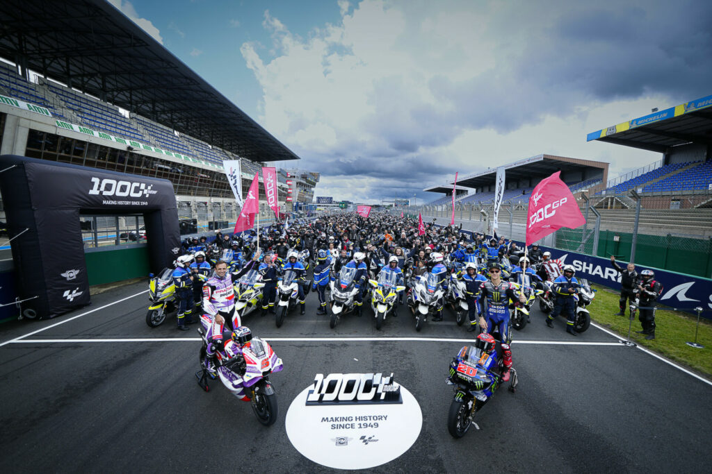 Johann Zarco (left) and Fabio Quartararo (right) pose with thousands of fans on the front straightaway of the Bugatti Circuit, in Le Mans, France. Photo courtesy Dorna.