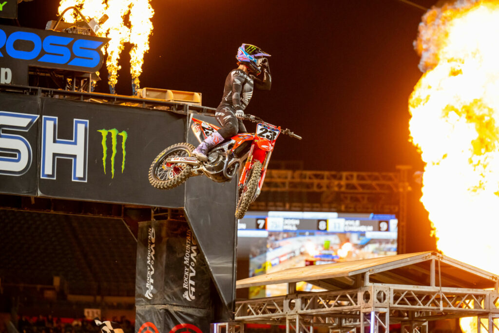 Chase Sexton (23) was picture perfect on a night that changed everything and most likely made him the 2023 Monster Energy AMA Supercross Champion. Photo courtesy Feld Motor Sports, Inc.  