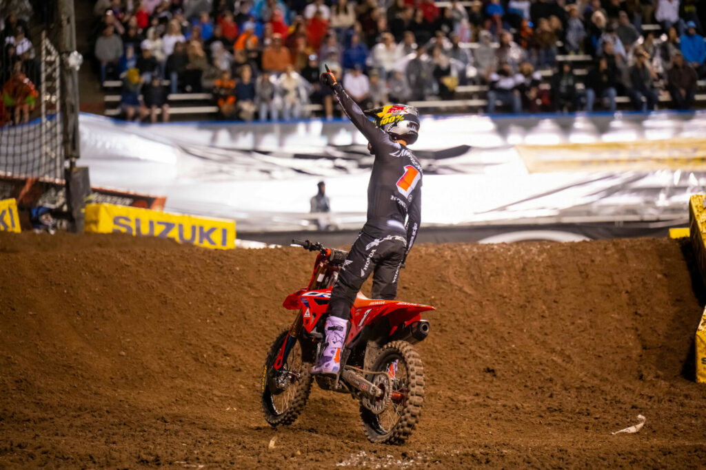 Jett Lawrence (1) took the win in what is likely his final 250SX Class race. He moves up to race the 450SX Class next year. Photo courtesy Feld Motor Sports, Inc.  