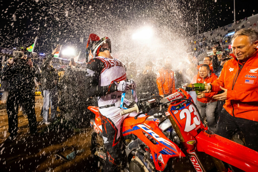 Chase Sexton used speed and determination to take his first Supercross Championship. He finished the season on top with a nearly 20-second win at the finale in Salt Lake City, Utah. Photo courtesy Feld Motor Sports, Inc.