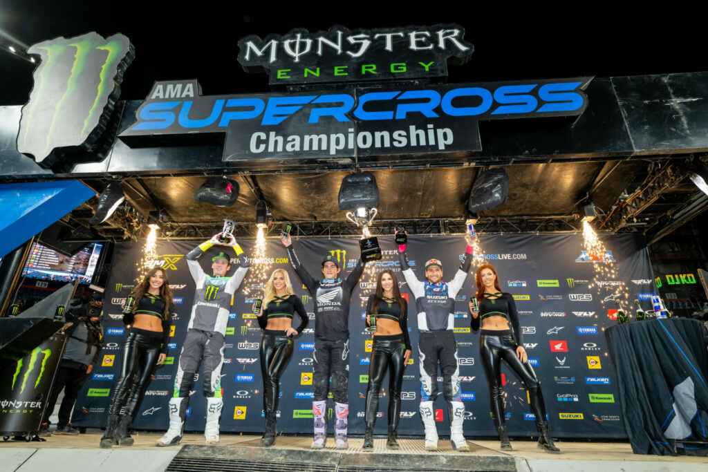 450SX Class podium (riders from left) Adam Cianciarulo, Chase Sexton, and Ken Roczen. Photo courtesy Feld Motor Sports, Inc.