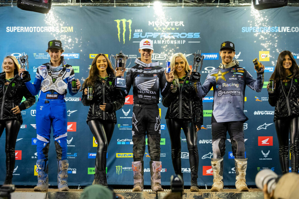 250SX Class podium (racers from left) Levi Kitchen, Jett Lawrence, and RJ Hampshire. Photo courtesy Feld Motor Sports, Inc.